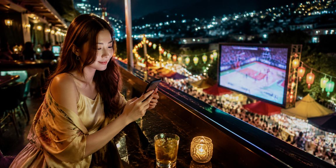 Người dùng xem tỷ lệ kèo bóng rổ qua điện thoại tại chợ đêm Đà Lạt